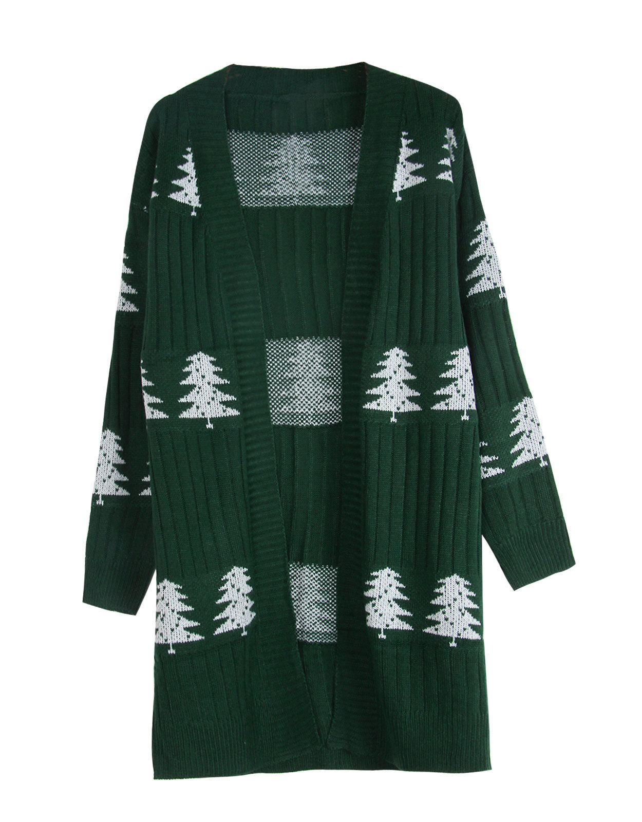 Womens Christmas Tree Pattern Long Cardigan Winter Open Front Knit Sweater